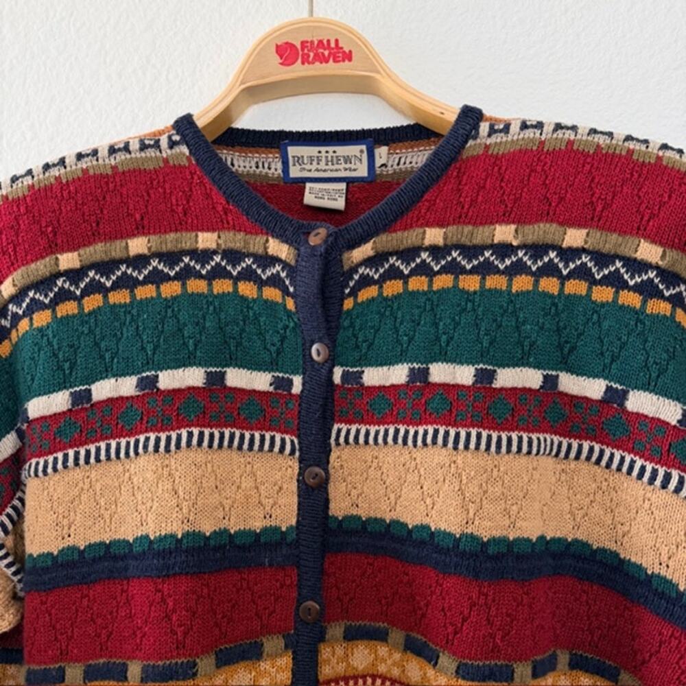 VINTAGE 1980s Ruff Hewn Cardigan‎ Multicolor Textured Sweater Women's Large - Picture 3 of 10